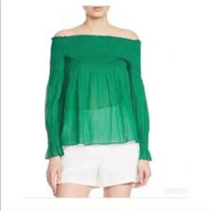 Maje LAFYR Top Blouse Green Long Sleeve Smocked Off Shoulder M